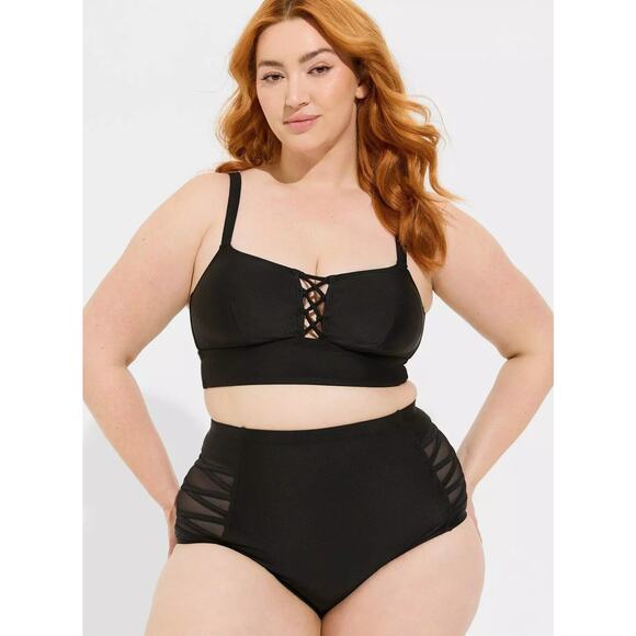 Torrid Strappy Lace Up Lattice High Rise Bikini Swimsuit Black Top 0, Bottom 2X - Picture 1 of 13